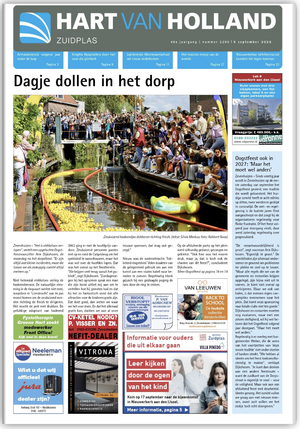 Voorpagina van Hart van Holland Zuidplas van 9 september 2026 met een groot artikel over de Badeendrace