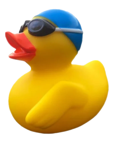 Geel badeendje met blauw zwemmutsje